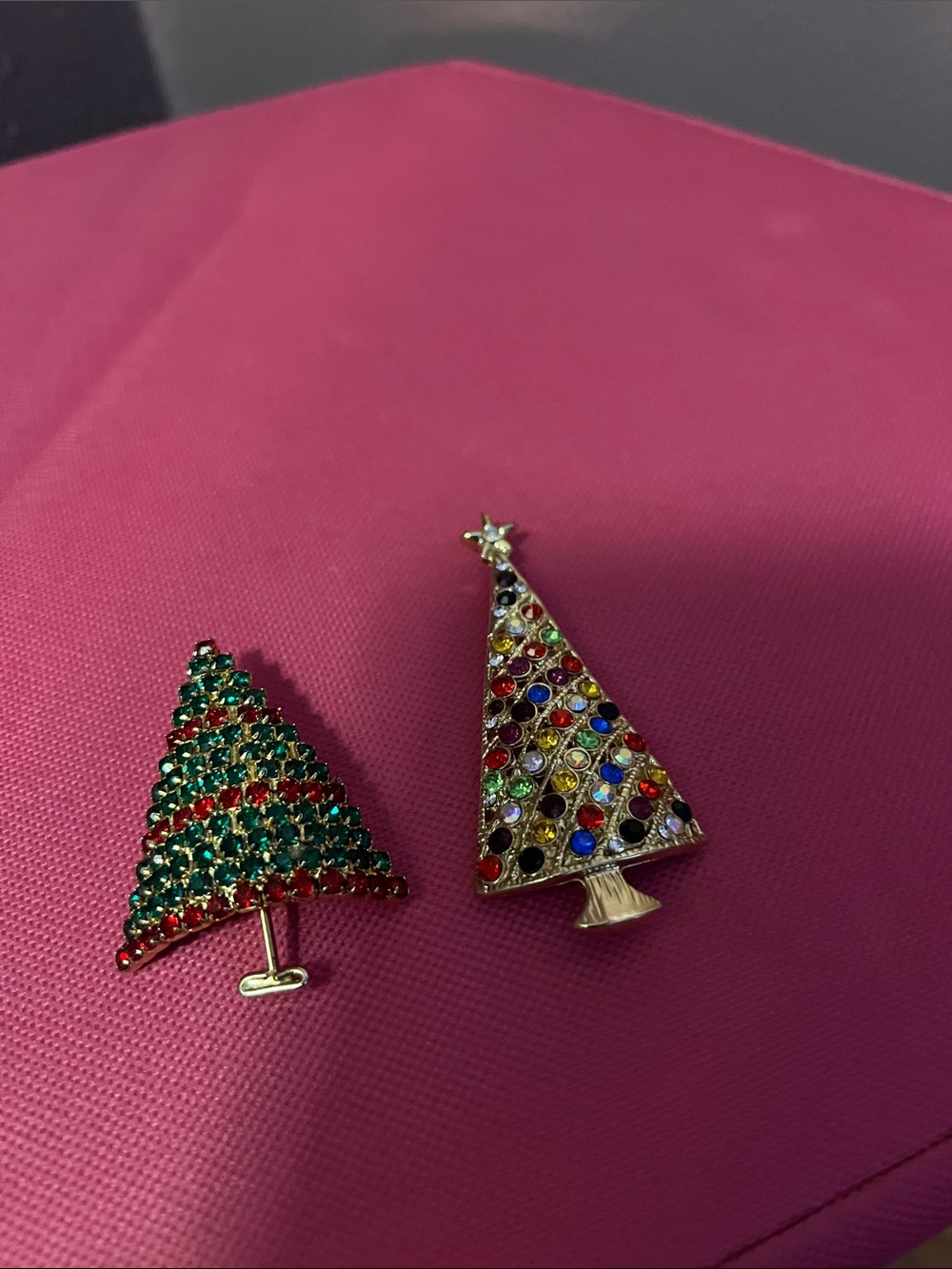 Vintage Multicolor & Green Crystal Christmas Tree Brooches - Holiday set of 2